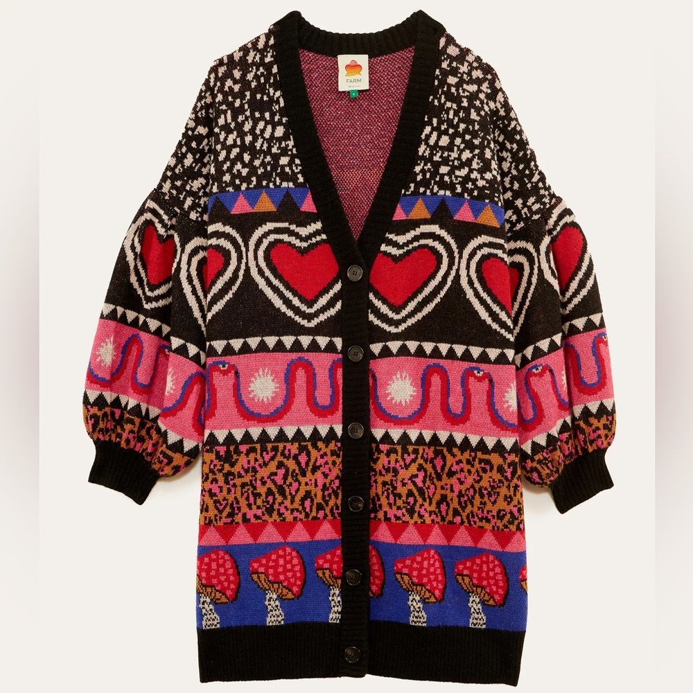 FARM Rio Multicolor Heart & Mushroom Patterned Cardigan